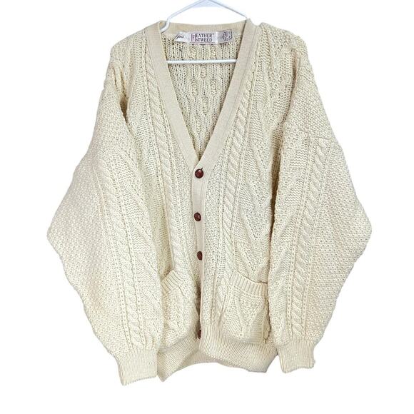 Heather & Tweed Fisherman's Cream Cable Knit Wool Button Cardigan Sweater Large - Picture 1 of 11